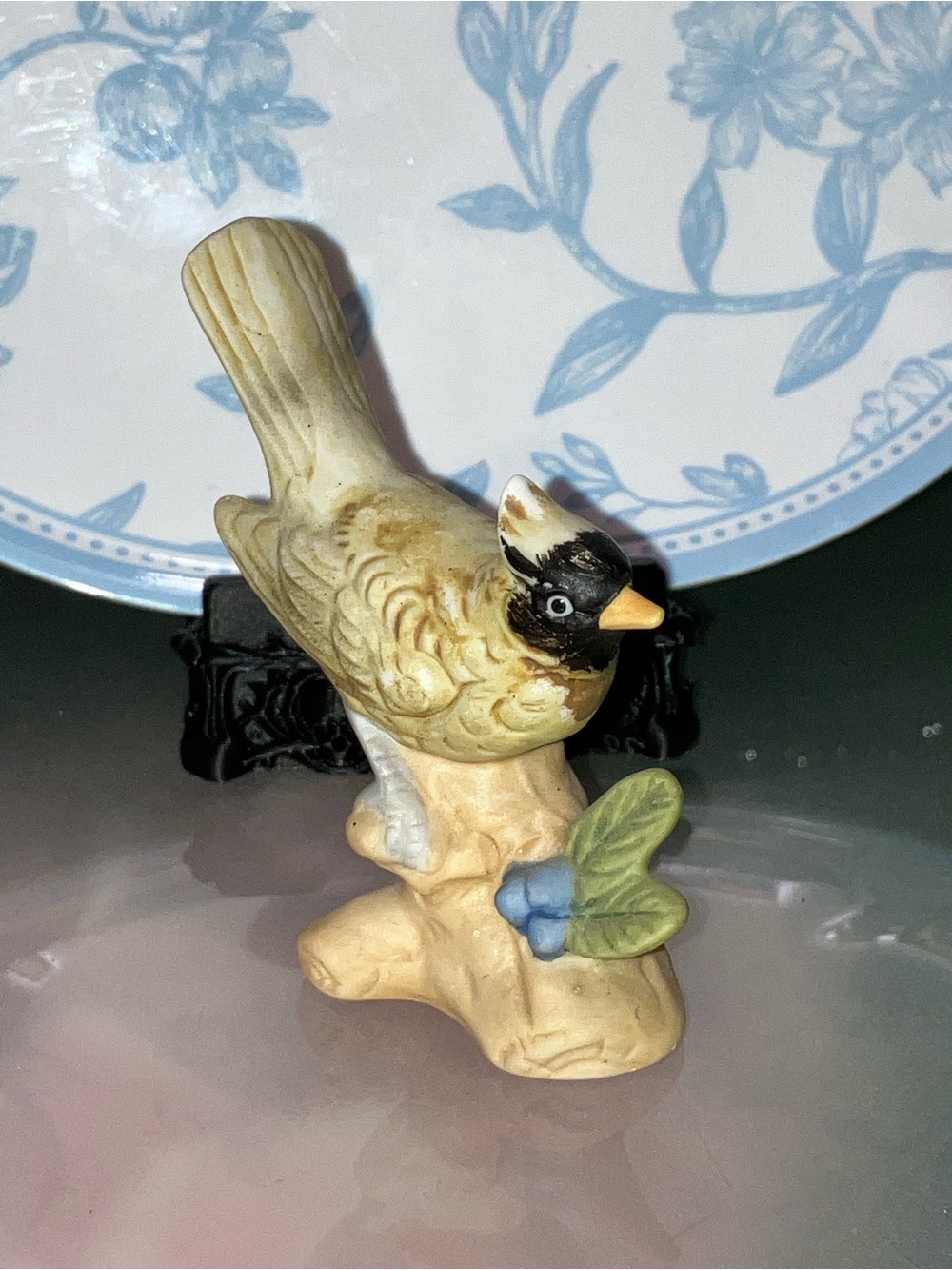 Hand Painted Ceramic Bird on Stump Figurine w/ Blue Flower Small 3”